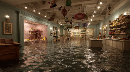 A whimsical scene of a flooded room filled with colorful toys and decor, evoking a dreamlike atmosphere perfect for artistic exploration.の素材