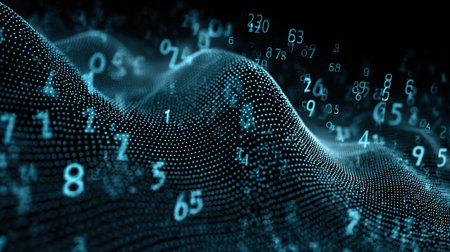 Immerse yourself in a captivating design featuring flowing blue numbers that represent data in a virtual space, illuminating the dark background with a sense of depth and motion.の素材