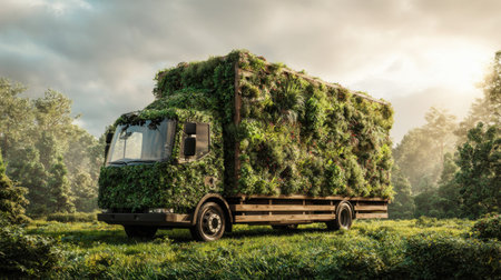 A striking eco-friendly delivery truck covered in vibrant greenery, parked in a lush natural setting during sunset, showcasing sustainability and innovation.の素材