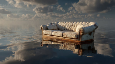 This artistic photo showcases a vintage couch floating on still water, surrounded by dramatic clouds and serene reflections. The composition evokes a sense of tranquility and surreal beauty.の素材