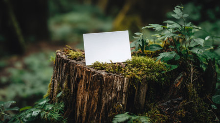 A serene blank card rests on a moss-covered tree stump amidst vibrant forest greenery, creating an ideal setting for artistic designs or messages.の素材