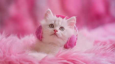 An adorable white kitten with pink headphones rests on a fluffy pink surface. Its curious expression captures the essence of playfulness and joy in a cozy, vibrant setting.の素材