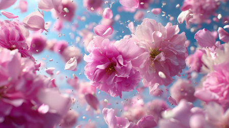Experience the charm of pink flowers in bloom, with delicate petals floating in the air. This vibrant scene captures the beauty of nature in a serene, springtime atmosphere.の素材