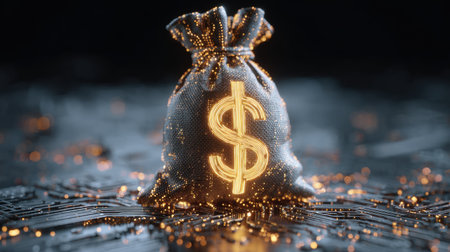 This image features a golden money bag adorned with a dollar symbol, illuminated by glowing particles against a dark backdrop. Ideal for themes of finance and wealth.の素材