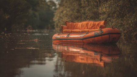 A vibrant orange inflatable boat rests peacefully on calm waters, surrounded by lush green trees, capturing a moment of tranquility in nature.の素材