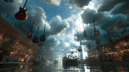 A surreal scene featuring floating guitars amidst dramatic clouds in a serene underwater environment. The ethereal lighting creates a unique atmosphere, evoking a dreamlike quality. This artistic representation invites imagination and reflection on the relationship between music and water.の素材