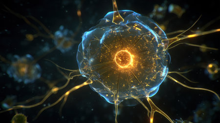 A stunning close-up view of a biological cell featuring intricate structures radiating outward, captured under a dark background to emphasize its detailed features. This image showcases the complexity of cellular life and is ideal for a wide range of scientific and educational applications.の素材