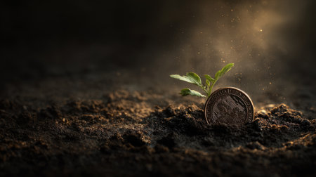 A young sprout emerges from rich soil beside a coin, illustrating concepts of investment and growth in sustainable practices, symbolizing hope and future prosperity.の素材