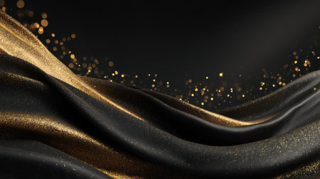 This image features beautifully flowing black fabric adorned with sparkling gold elements, creating an elegant and luxurious atmosphere.の素材
