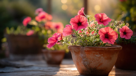 A stunning display of pink petunias in terracotta pots captures the essence of a serene garden, bathed in warm sunlight, perfect for nature lovers.の素材