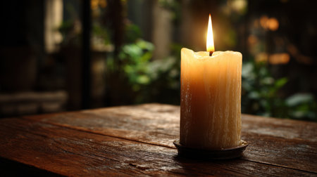 A serene atmosphere is created by a lit candle resting on a rustic wooden table, surrounded by lush greenery, offering a sense of warmth and tranquility.の素材
