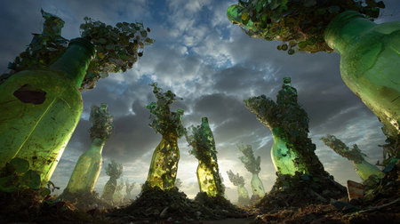 This surreal image captures green glass bottles rising like plants, surrounded by lush greenery and a dramatic cloudy sky, symbolizing nature's resilience.の素材