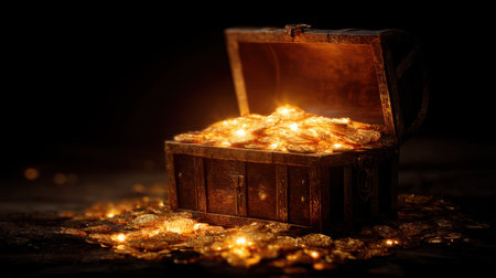 A captivating treasure chest brimming with luminous gold coins rests against a dark background, symbolizing adventure and hidden wealth.の素材