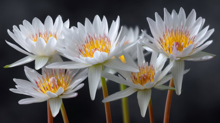 A stunning composition of white water lilies displaying bright yellow centers, set against a calming backdrop, perfect for nature lovers.の素材