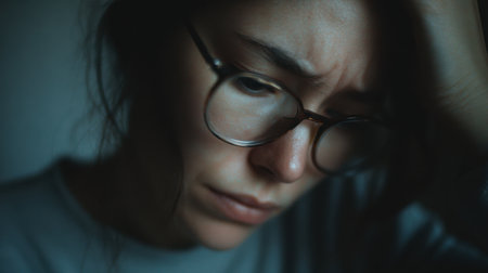 A close-up portrait of a woman with glasses, displaying deep emotion and sadness. The soft lighting and shadows enhance the intimate, moody atmosphere.の素材