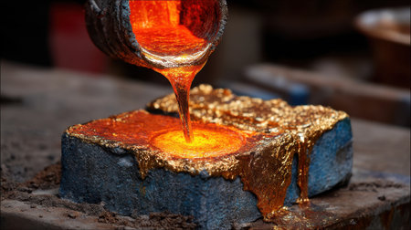 A close-up view of molten metal being poured from a crucible into a mold, featuring a mesmerizing fiery glow that highlights the craftsmanship and industrial artistry involved in metal casting.の素材