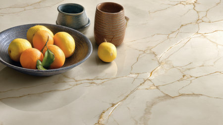 A visually appealing arrangement featuring fresh citrus fruits in a decorative bowl on an elegant marble surface, accompanied by rustic pottery, exuding warmth and style.の素材