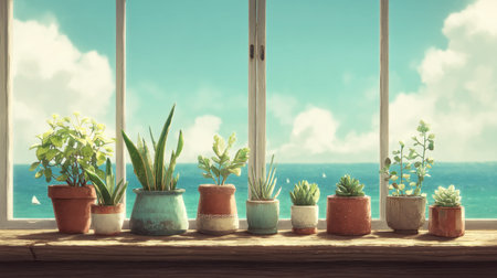 A picturesque scene featuring a variety of green plants in colorful pots placed on a window sill, with a scenic view of the serene sea and fluffy clouds.の素材