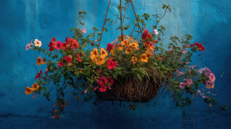 A beautiful hanging flower basket filled with vibrant blooms contrasts against a vivid blue wall, capturing the essence of nature and enhancing indoor decor.の素材