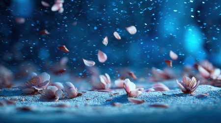 A mesmerizing scene of pink petals falling gently onto a soft surface, surrounded by sparkling particles and a captivating blue ambiance.の素材