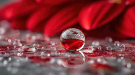 Captivating close-up of a single water droplet resting on a reflective surface, surrounded by glistening liquid beads and vibrant red flower petals.の素材
