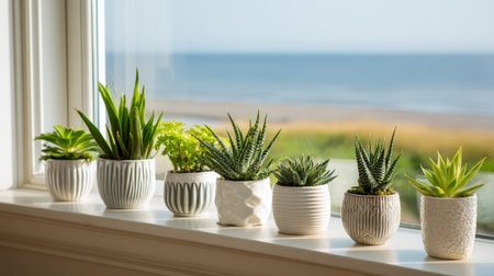 A picturesque display of diverse succulents in stylish pots, set against a bright window with an idyllic beach view, creating a serene atmosphere.の素材
