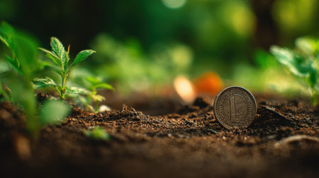 This image captures a detailed close-up of a coin resting on rich soil, surrounded by vibrant green plants, illustrating themes of nature and wealth.の素材
