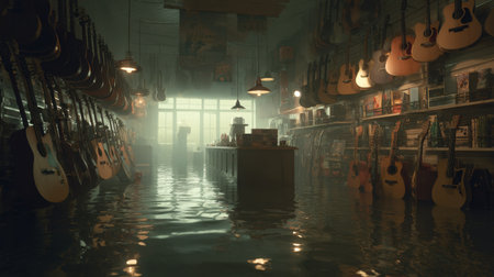 A flooded guitar shop creates a surreal scene with water covering the floor, surrounded by instruments, dim lighting, and reflections.の素材