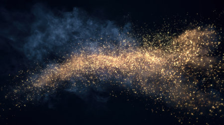 This mesmerizing image captures shimmering golden particles flowing gracefully through a dark background, creating an enchanting and ethereal atmosphere perfect for artistic projects and abstract visuals.の素材