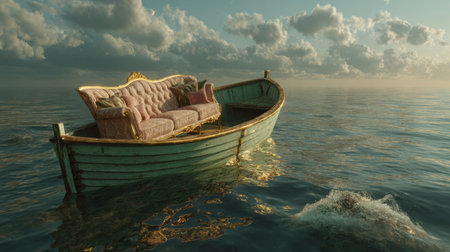 A surreal scene featuring a vintage sofa resting on a wooden boat, surrounded by calm waters and dramatic clouds, evoking tranquility and imagination.の素材