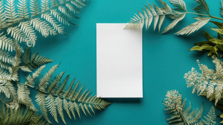 A blank piece of paper is elegantly placed in the center, surrounded by lush green fern leaves on a bright teal background, perfect for creative designs.の素材