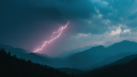 A breathtaking view of a thunderstorm over rugged mountains featuring a striking lightning bolt illuminating the twilight sky.の素材