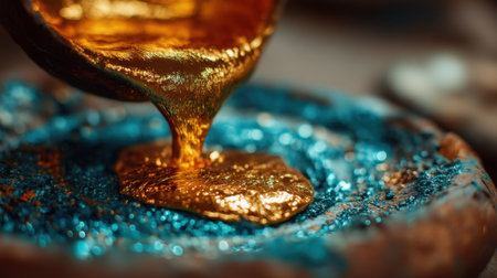 Close-up of golden liquid being poured over shimmering blue glitter, showcasing the beauty of crafting and the interplay of colors. Perfect for artistic inspiration.の素材