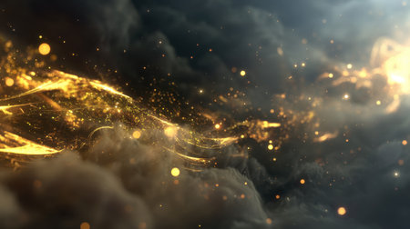 A stunning visual of golden light swirls flowing through dark clouds, creating a dreamlike and magical atmosphere for various creative projects.の素材