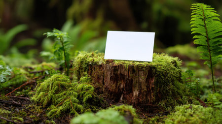 A blank card rests on a moss-covered tree stump in a tranquil forest, surrounded by lush greenery and vibrant plants, ideal for customization.の素材