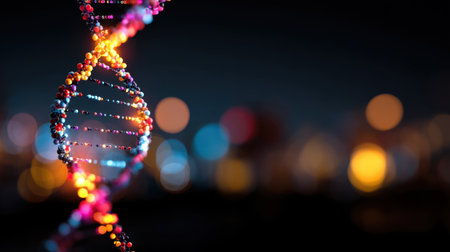 This vibrant and colorful image features a DNA helix structure set against a stunning bokeh background, symbolizing science and innovation in genetics.の素材