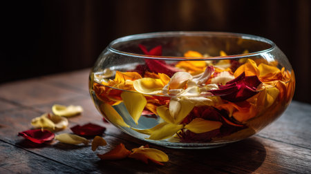 A stunning display of colorful petals gently floating in clear water inside a glass bowl, resting on a rustic wooden surface. The soft lighting emphasizes the natural beauty and tranquility of the arrangement, making it an ideal image for wellness and relaxation themes.の素材