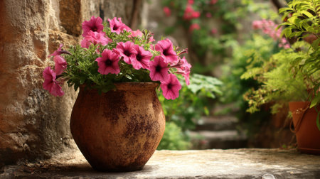 A stunning arrangement of pink petunias in a weathered pot captures the essence of tranquility in a lush garden. This serene image highlights the beauty of nature.の素材