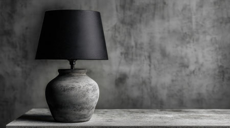This image features an elegant black lamp with a unique textured vase base. Set on a minimalistic table against a stylish gray wall, it creates a cozy ambiance ideal for modern interior design.の素材
