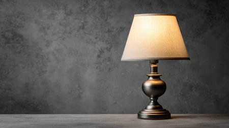 This image showcases a beautiful bronze table lamp radiating warm light, set against a textured gray background, perfect for cozy indoor spaces.の素材