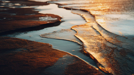 Experience the beauty of a stunning sunset casting golden light over gentle waves and textured sand along the shore, creating a serene atmosphere.の素材