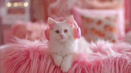 A charming fluffy white cat with pink headphones rests on a soft pink fur surface, creating a cozy and playful atmosphere in a pastel-themed room.の素材