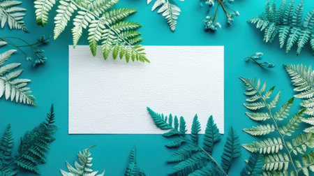 An artistic flat lay featuring vibrant green fern leaves surrounding a blank white paper on a teal background. Ideal for creative projects and designs.の素材