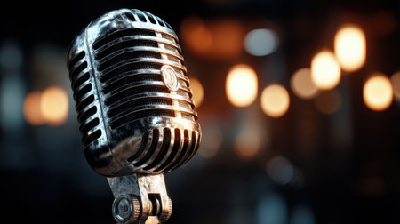 A close-up image of a vintage microphone captures the essence of music and performance. The blurred background adds depth and a nostalgic touch.の素材