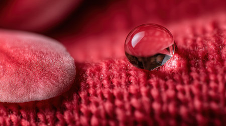 This close-up image captures a single water droplet resting on a vibrant red textile surface, emphasizing the intricate textures and details of the fabric.の素材
