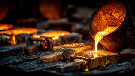This stunning image showcases the process of melting gold in a workshop where liquid metal is poured into molds, creating shiny gold bars.の素材