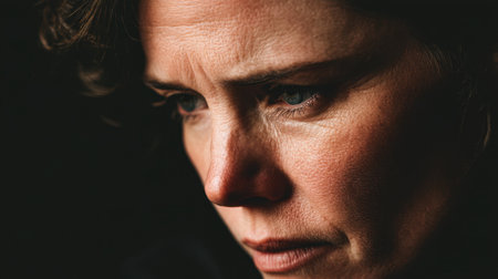 A poignant close-up captures a woman immersed in her thoughts, revealing deep emotions and a story within her expressive features.の素材