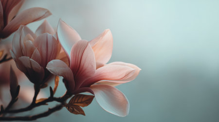 A close-up view of delicate pink magnolia blooms on a branch, set against a soft blue background, showcasing the beauty of nature in spring.の素材
