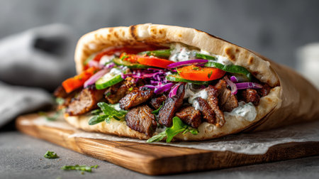 Enjoy a vibrant gyro wrap filled with grilled meat, fresh vegetables, and a creamy sauce, beautifully presented on a wooden board.の素材