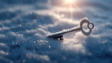 A beautifully captured frosty key lies in glistening snow, illuminated by soft sunlight, evoking a sense of mystery and tranquility in winter.の素材